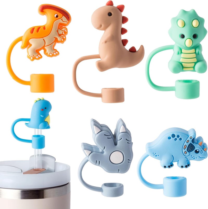 YuJoyC 6Pcs Silicone Dinosaur Straw Covers Cap for Stanley Cup 30&40 Oz Cup, Reusable Straw Toppers for Stanley Cup Accessories Tumbler with Handle for Water Bottle - Image 1